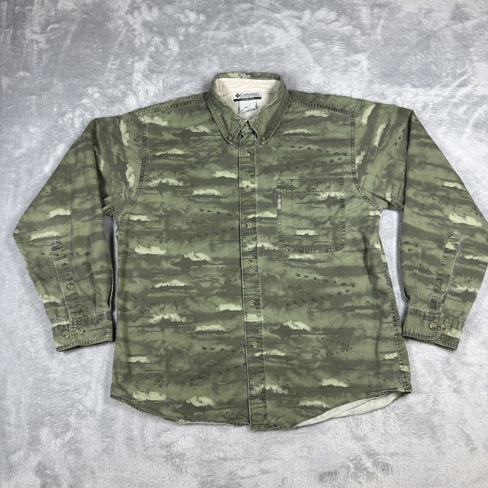 Columbia Shirt Mens Medium Green Landscape Camo Button Down Long Sleeve Cotton